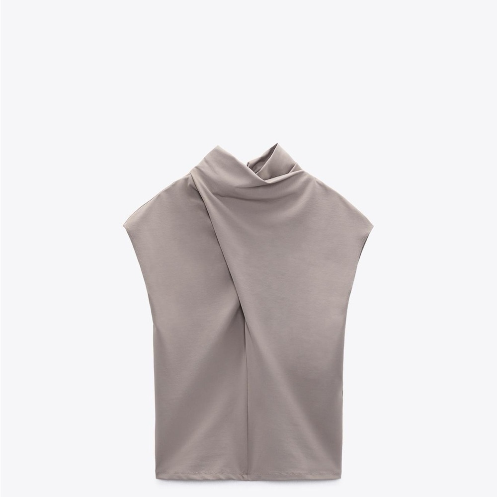 Zara Taupe Twist Neck Cap Sleeve Top